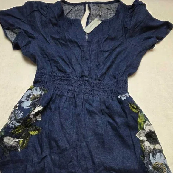 New SP By Anthropologie The Somerset linen printed jumpsuit in blue S Petite